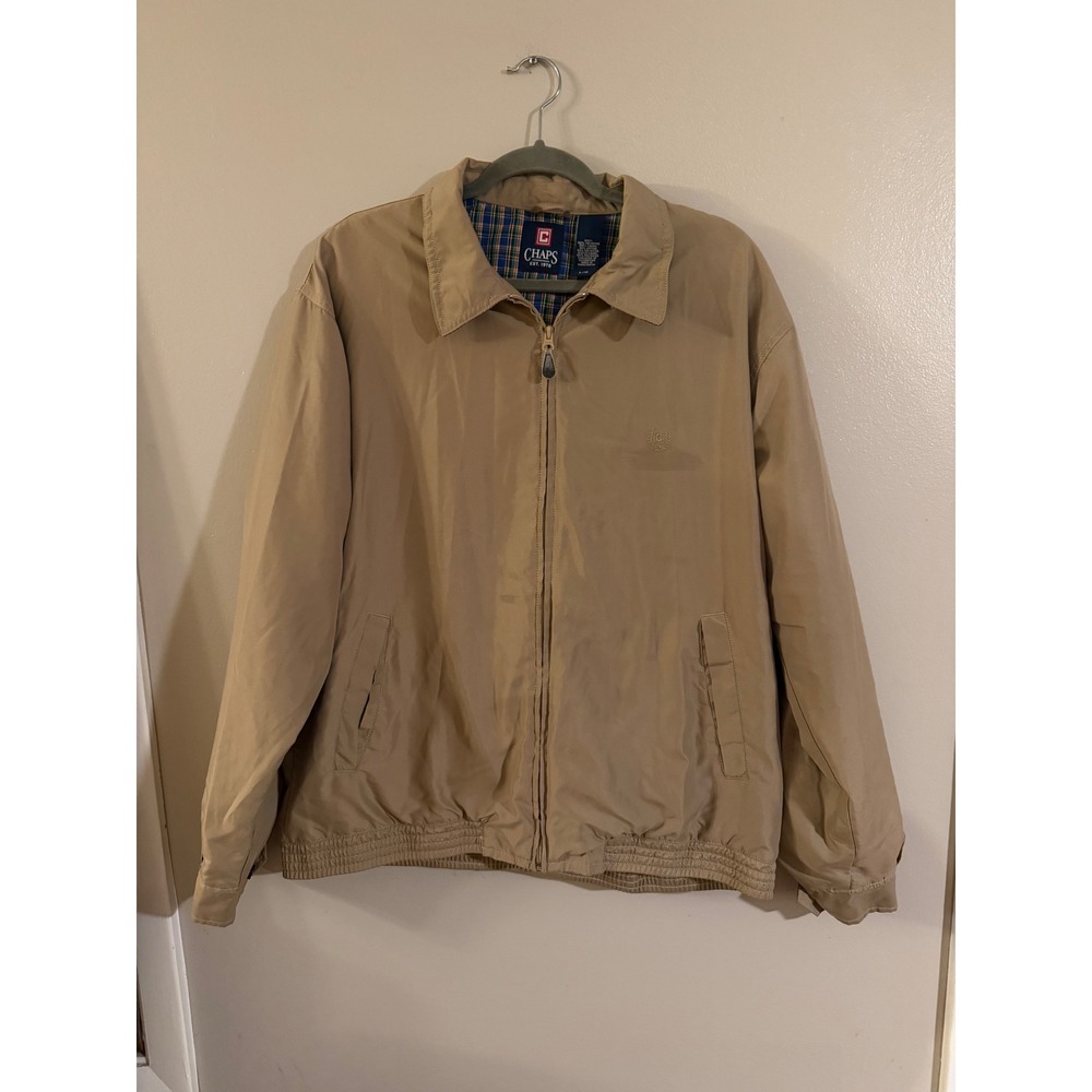 Chaps Mens Harrington Jacket Tan Khaki Full Zip Plaid Lined Windbreaker Large